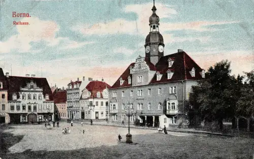 Markt mit Rathaus in Borna Sachsen Postkarte AK