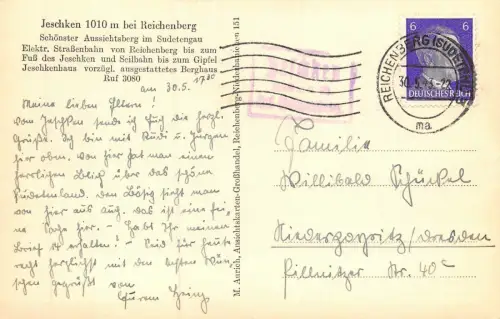 Jeschken 1010m bei Reichenberg Aussichtsberg Sudetengau Postkarte AK 1943