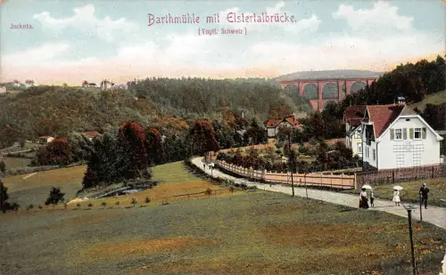 Barthmühle mit Elstertalbrücke (Vogtl. Schweiz) Jocketa Postkarte AK