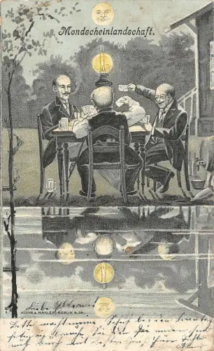 Mondscheinlandschaft Männer beim Karten Spiel Skat Postkarte