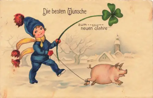 Glückschwein mit Junge in blau Sportanzug Neujahr Postkarte um 1930