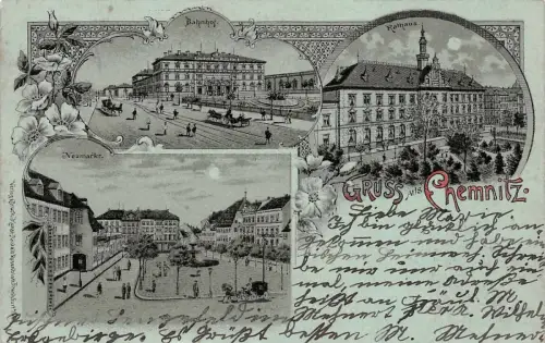 Gruss aus Chemnitz Rathaus Bahnhof Neumarkt Litho AK 1899
