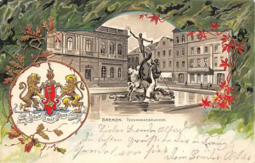 AK Bremen Teichmannsbrunnen Postkarte geprägt 1902