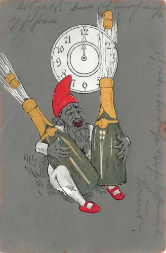 Zwerg, Gnom mit Sekt und 12 Uhr Neujahr Postkarte geprägt 1910