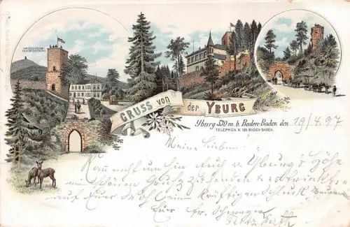 Gruss von der Yburg 530m b. Baden-Baden Baden-Württemberg Postkarte AK 1897