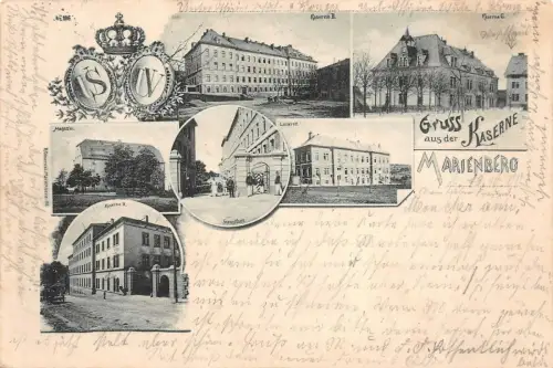 Gruss aus der Kaserne Marienberg mit Lazarett Sachsen Litho Postkarte AK 1900