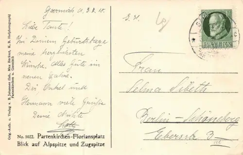 Partenkirchen-Floriansplatz Blick auf Alpspitze und Zugspitze Postkarte AK