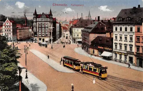 Chemnitz Falkeplatz Straßenbahn Postkarte 1920