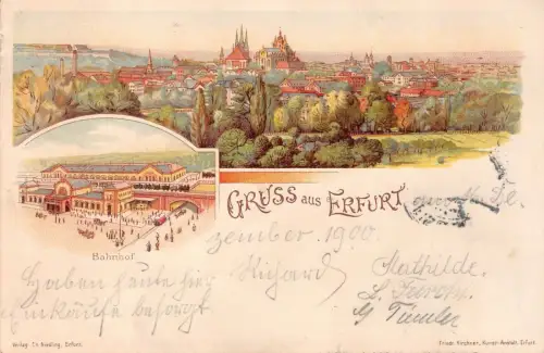 Gruss aus Erfurt Bahnhof Litho Postkarte 1900