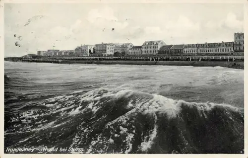 Norderney Strand bei Sturm Niedersachsen Postkarte AK 1937