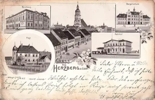 Bahnhof, Kreishaus und Post Herzberg Elster Brandenburg Litho Postkarte AK 1904