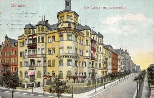 Chemnitz Ecke Agricola und Kanzlerstrasse Postkarte 1909