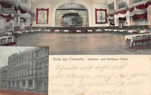 Gruss aus Chemnitz mit Konzert und Ballhaus Adler Sachsen Postkarte AK 1912
