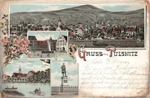 Gruß aus Pulsnitz mit Rietschel-Denkmal u. Markt Sachsen Litho Postkarte AK 1898