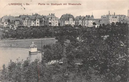 Limbach i. Sa. Partie im Stadtpark mit Weststraße Postkarte AK