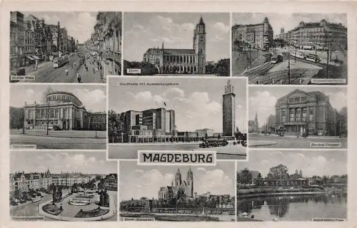 Blick auf Stadthalle mit Ausstellungsturm Magdeburg Sachsen-Anhalt Postkarte AK