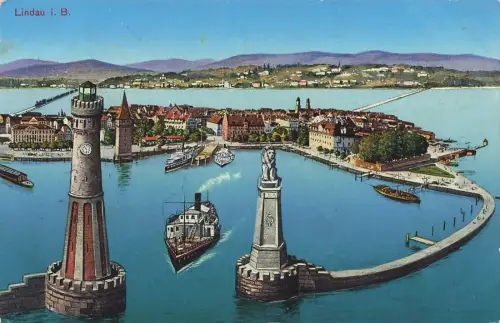 Blick auf Hafen in Lindau Bayern Postkarte AK 1929