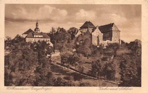 Kirche und Schloss in Wolkenstein Erzgebirge Sachsen Postkarte AK 1922