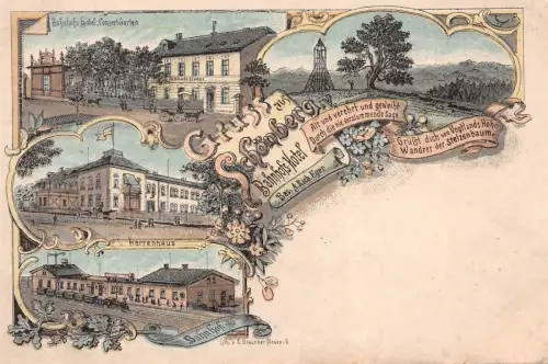 Gruss aus Schönberg Vogtland Bahnhofshotel Litho Postkarte