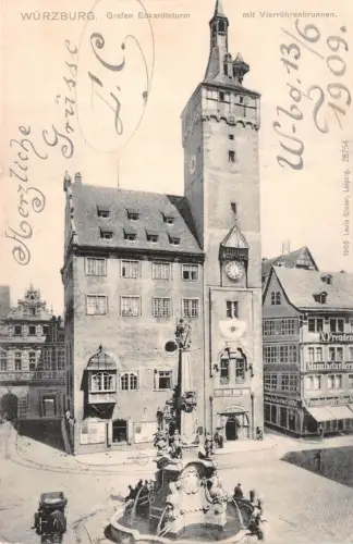 Würzburg Grafen Eckardtsturm mit Vierröhrenbrunnen Postkarte AK 1909