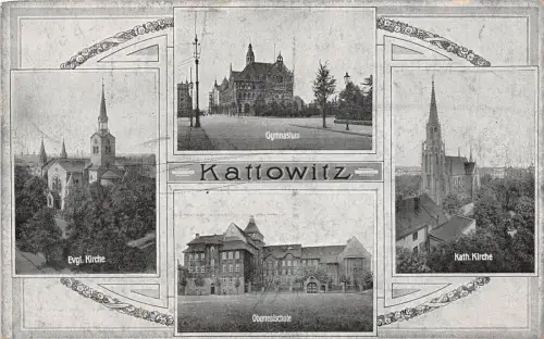 Kattowitz Schlesien Oberrealschule Kirche Gymnasium Postkarte gel. 1939