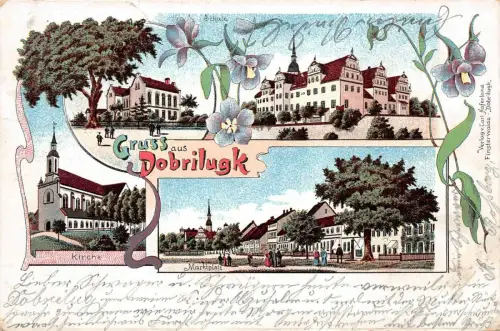 Gruss aus Dobrilugk Marktplatz Kirche Schule Litho Postkarte AK 1902