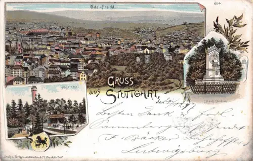 Gruss aus Stuttgart Total-Ansicht Jägerhaus Hauff-Denkmal Litho Postkarte 1897