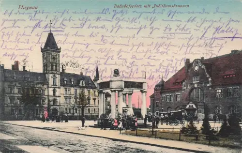 Bahnhofsplatz mit Jubiläumsplatz in Haynau Schlesien Postkarte AK 1924