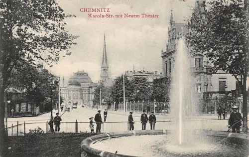 Chemnitz Karola-Str. mit Neuem Theater Postkarte 1919