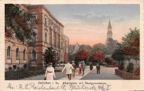 Zwickau i. Sa. Albertplatz mit Realgymnasium Postkarte 1923