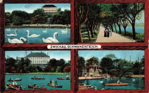 Schwanenteich in Zwickau Sachsen Panorama-Postkarte AK 1915