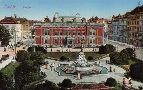 Postplatz mit Muschelminna Brunnen in Görlitz Sachsen Postkarte AK 1937
