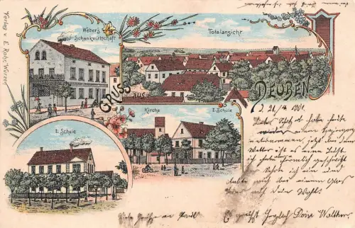 Deuben Totalansicht Kirche Schule Weber's Schankwirtschaft Litho AK 1901
