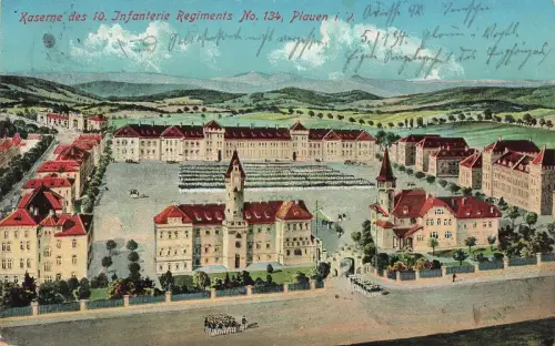 Kaserne des 10 Infanterie Regiments No. 134 Plauen Vogtland Postkarte AK 1912
