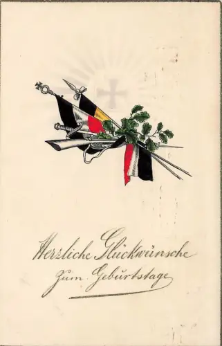 Herzliche Glückwünsche zum Geburtstage EK2 Geprägt Patriotika Postkarte AK 1917