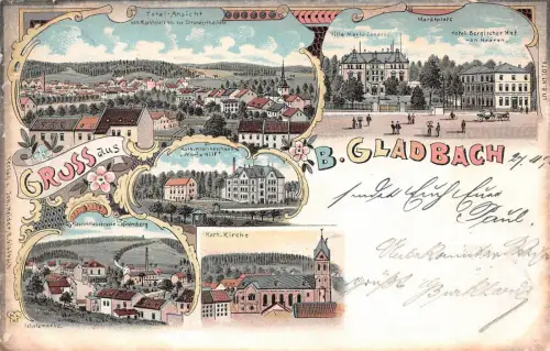 GladbachTotal Ansicht Kirche Markt Litho Postkarte 1898