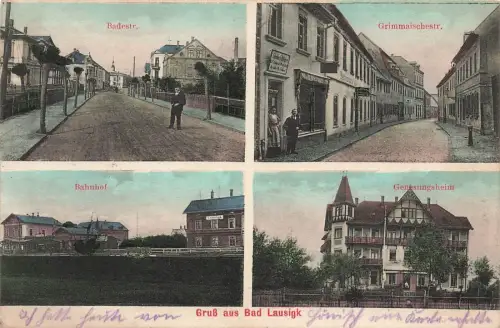 AK Bad Lausigk Bahnhof Genesungsheim Grimmaischestrasse 1915 Sachsen gelaufen