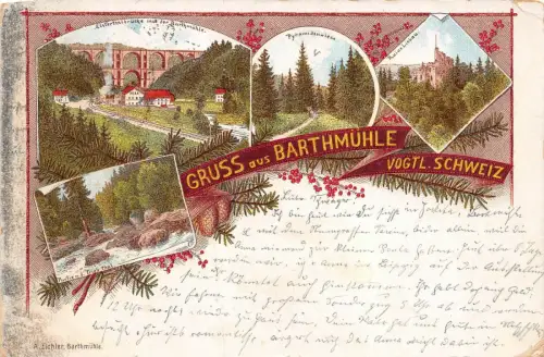 Gruss aus Barthmühle Vogtl. Schweiz Ruine Liebau Pyramidenwiese Litho AK 1897