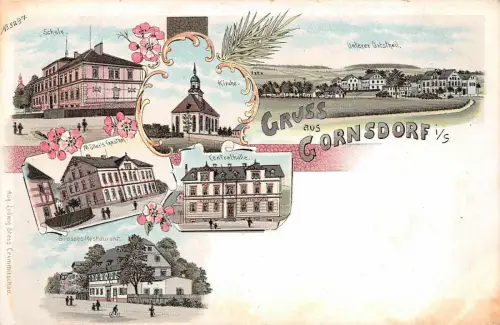 AK Gornsdorf Sachsen Schule Restaurant Litho