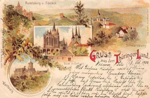 Gruss aus dem Thüringer Land Wartburg Rudelsburg u. Saaleck Dom Litho AK 1900