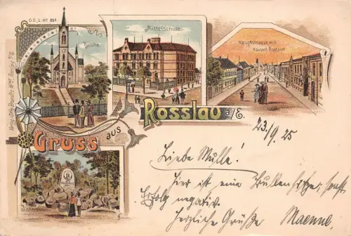 Gruss aus Rosslau a./E. Kirche Mittelschule Kaiserl. P. Jahnstein Litho AK 1925