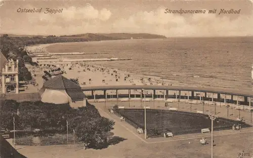 Ostseebad Zoppot (Sopot) Strandpanorama mit Nordbad AK