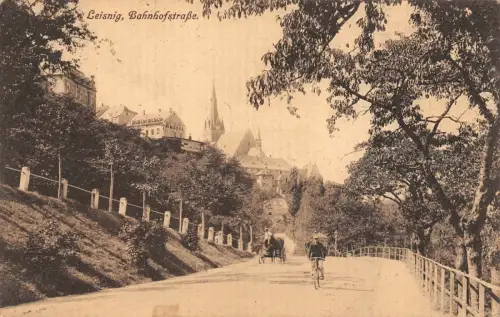 Straßenansicht Bahnhofstraße in Leisnig Sachsen Postkarte AK 1919