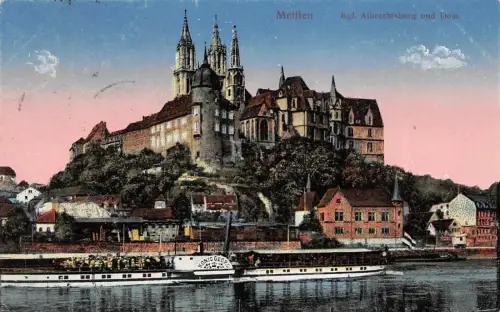Partie an der Elbe mit Dampfer, Albrechtsburg und Dom Meißen Sachsen AK 1921