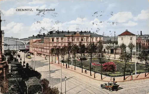 Chemnitz Hauptbahnhof Automobil Postkarte 1916