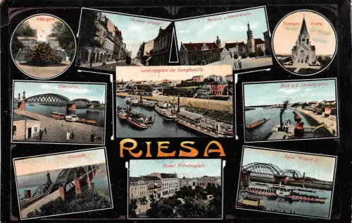 AK Riesa Elbbrücke, Dampfer, Weltiner Strasse, Panorama Postkarte 1916