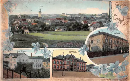 Gruss aus Pausa Vogtland Schule, Rathaus, Bad Linda Litho Postkarte 1911