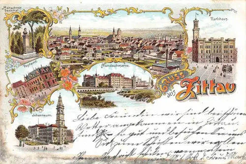Gruss aus Zittau Rathhaus Mandaukaserne Postamt Postkarte AK 1901