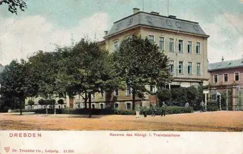Kaserne des Königlichen I. Tranbataillons Dresden Sachsen Postkarte AK