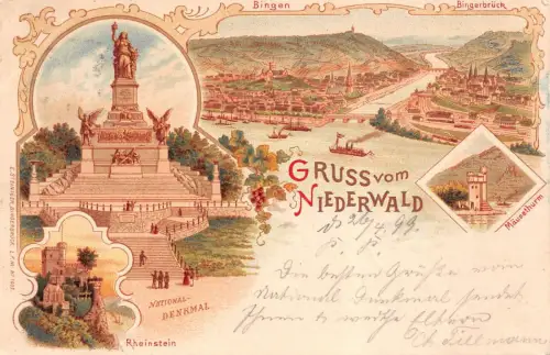 Gruss vom Niederwald Rheinstein Bingen Mäusethurm Litho Postkarte AK 1899